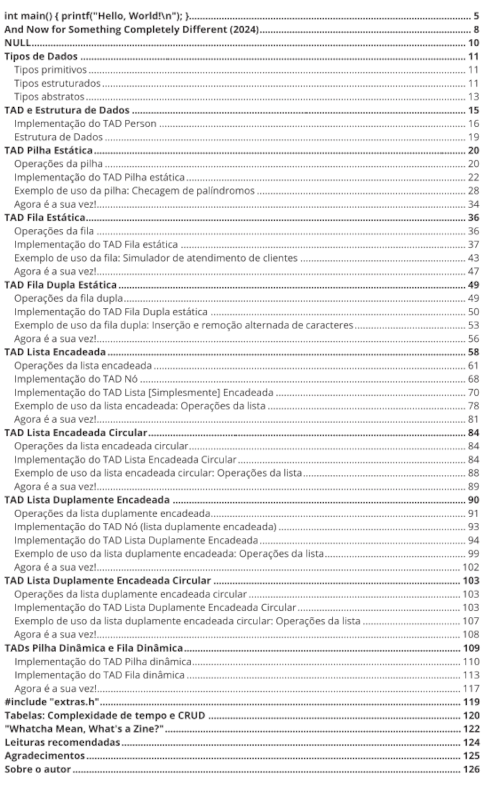 Sumário do zine Code Incomplete Zine - Edição Especial: Estruturas de Dados Lineares (2025)